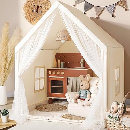 Monobeach Kids Tent Beige Play Tent with Long Mesh Curtain Large Playhouse for Indoor Outdoor Play Cottage Castle Toy for Girls Boys House Gift (Beige Kids Play Tent)