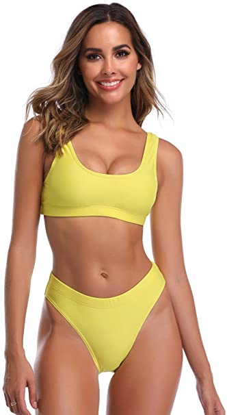 Bikini Sets Sport Swimsuit Low Scoop Crop Top High Waisted High Cut Cheeky Bottom