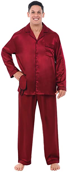 Alexander Del Rossa Men's Button Down Satin Pajama Set with Sleep Mask, Long Silk like Pjs