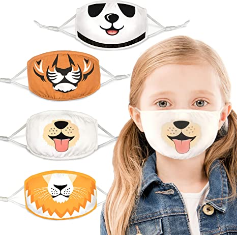 100% Organic Cotton Kids Washable, Reusable Face Masks with Adjustable Ear Loops for Children 3-8 yrs. Two Layers of Soft, Protective Fabric for Boys and Girls. (Panda, Dog, Tiger, Lion, 4 Pk)