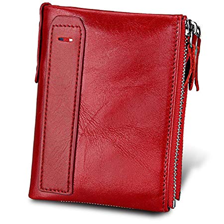 Women's Wallet RFID Blocking Genuine Leather Credit Card Holder Wallet / Large Zip Coin Pocket Purse (Red)