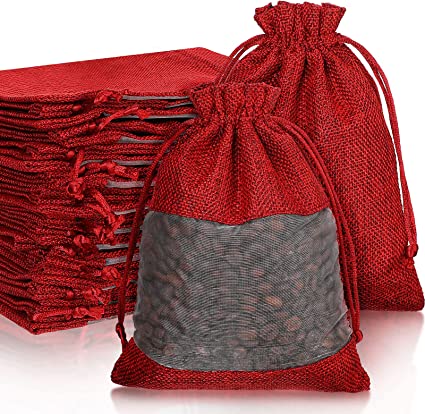 50 Pieces 5 x 7 Inch Burlap Bags Linen Organza Burlap Bags with Drawstring Gift Bags for Wedding Party Favors (Dark Red)