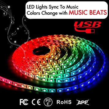 Music LED Strip Lights 6.6FT/2M 5V USB Powered Light Strip 5050 RGB Light Color Changing with Music IP65 Waterproof LED String Lights Kit with IR Controller by DotStone