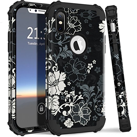 iPhone X Case, iPhone 10 Case, Hocase Shockproof Silicone Rubber Bumper Hard Shell Hybrid Full-Body Protection Case with Raised Edges for Apple iPhone X 5.8" (2017) - Classic Black/White Flowers