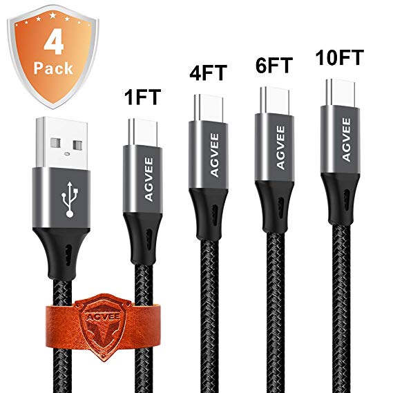 3A Heavy Duty, Seamless End Tip USB C Cable [4 Pack 1ft 4ft 6ft 10ft], Agvee Braided Type C Charger Cord, Fast Charging Cable for Samsung Galaxy S9 S8 Note 8 Gray