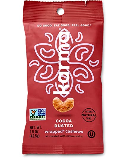 Karma Nuts Cocoa Dusted Cashews | 12, 1.5 Ounce Snack Packs | Whole, Roasted, Wrapped, Vegan, Non Gmo, Gluten Free, Low Carb, Low Calorie, Natural, Healthy, Everyday Snack