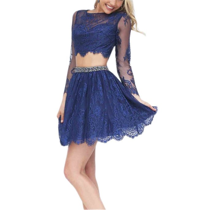 Ikerenwedding Women's Rhinestone Lace Two-Piece Short Homecoming Party Dress