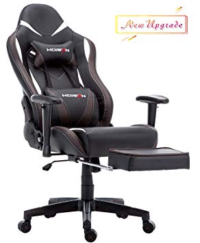 Morfan Gaming Chair Massage Function Ergonomic Racing Style PC Computer Office Chair with Retractable Footrest & Adjustable Lumbar and Headrest Pillows (Black/Brown)