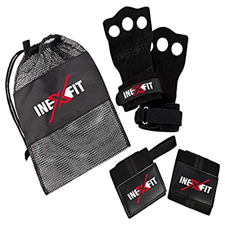 InexFit 3 Hole Leather Hand Grips for Gymnastics, Crossfit, Pull-ups, Weightlifting, WODs with Wrist Straps, Professional Wrist Wraps for Comfort and Support, Hand Protection from Rips and Blisters