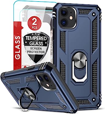 LeYi Compatible for iPhone 11 Case with [2 Pack] Tempered Glass Screen Protector, Military Grade Armor Phone Cover Case with Ring Magnetic Car Mount Kickstand for iPhone 11 6.1 inch (Blue)