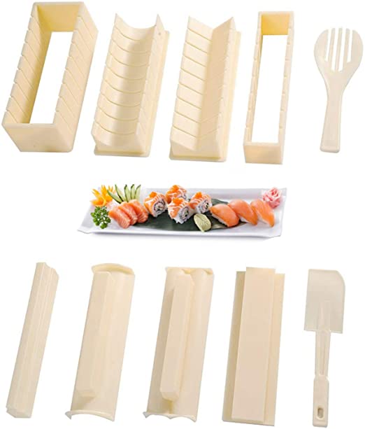 Sushi Making Kit Complete Sushi Set for Beginners 10 Pieces Plastic Sushi Maker Tool with 8 Sushi Roll Mold Shapes DIY Home Sushi Tool Sushi Rolls