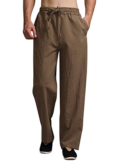 Karlywindow Mens Cotton Linen Casual Pants Elastic Waist Loose Fit Trousers Cargo Beach Pant