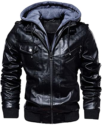 FAXIKIO Men's Faux Leather Jacket Hooded Fleece Bomber Jacket Coat Vintage Motorcycle Jacket with Removable Hood