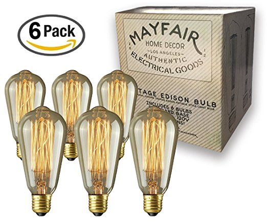 Edison Bulb 60W 6 Pack ST64 Antique Retro Vintage Squirrel Cage Filament Dimmable Warm Light Teardrop Style Replacement Bulbs - Pendant Lighting Chandeliers Lamps String Lights Incandescent 400 Lumens
