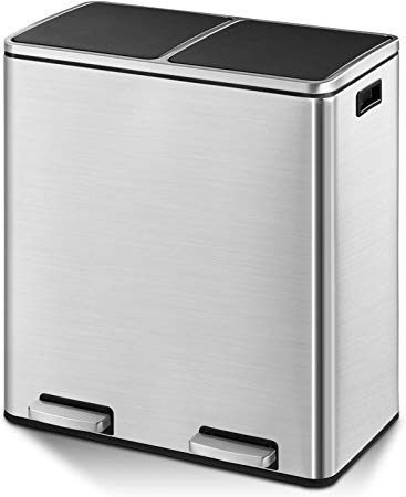 Tiptiper 16 Gallon Garbage Can, Double Compartment Classified Recycling Bins with 2 x 8 Gallon Removable Inner Buckets, Kitchen Trash Can with Soft - Close Lid