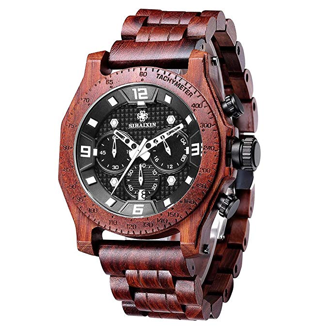 Men's Wood Watches Hand-Made Wrist Watch Quartz Wristwatch Waterproof Multifunction Date Watch