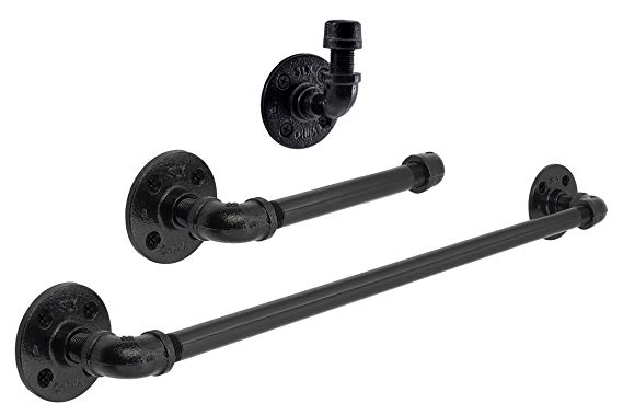 Industrial Pipe Bathroom Hardware Fixture Set by Pipe Decor | 3 Piece Kit Includes Robe Hook, 18 Inch Towel Bar and Toilet Paper Holder, Heavy Duty DIY Style, Modern Chic Electroplated Black Finish