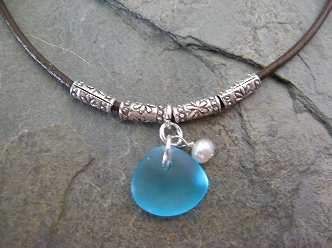 Sea Glass Leather and Cultured Pearl Sterling Silver Necklace