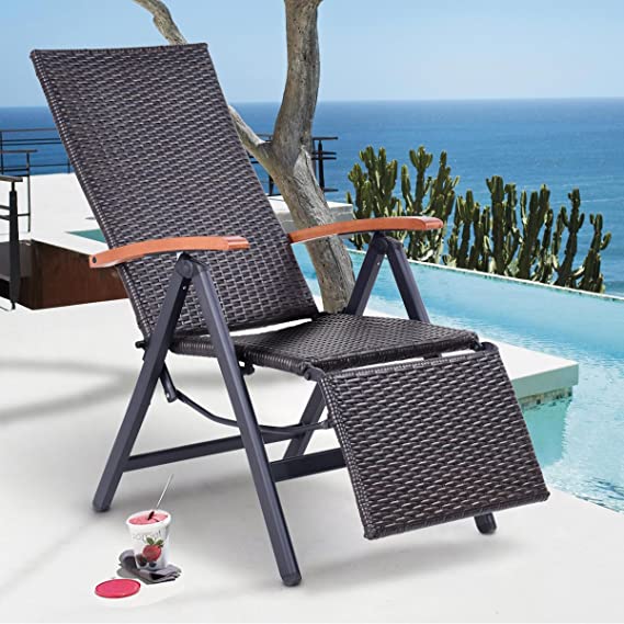 Happygrill Chaise Lounge Chair Adjustable Folding Reclining Rattan Chair for Beach Yard Patio Pool