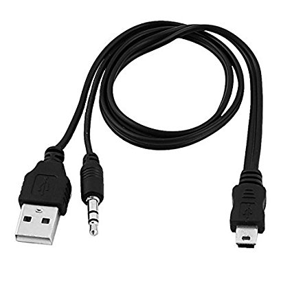 Allytech 1 Pack Black 20 Inches Mini USB to a Male Data Charger Cable with 3.5mm Audio Aux Data USB Cable