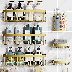 Veken Adhesive Shower Caddy 6-Pack,Heavy Weight Bearing,Large Wall Mounted Shower Shelves Rack,Organizer Storage Accessories with Soap Dish&Toothbrush Holder,Ideal for Bathroom,Home&Kitchen,Gold