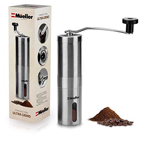 Mueller Ultra-Grind - Strongest and Heaviest Duty Portable Conical Burr Mill, Whole Bean Manual Coffee Grinder for French Press, Turkish, Handheld Mini, K Cup, Brushed Stainless Steel