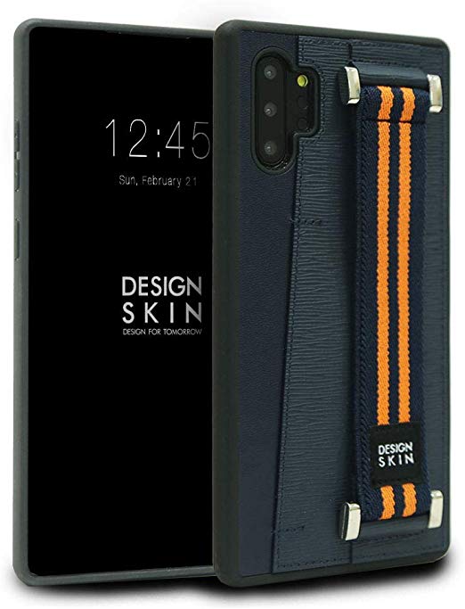 Design Skin Genuine Leather Phone Case and Card Holder for Samsung Galaxy Note 10 Plus, with Elastic Hand Strap for Extra Grip - Navy