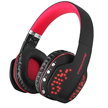 Bluetooth Over-Ear Headphone,Beexcellent Foldable Wireless HiFi Stereo Bluetooth 4.1 Headset ,Noise Cancelling, Soft Earmuffs, LED effect, w/Built-in Mic and Wired Mode for PC Laptop Tablet TV (Red)