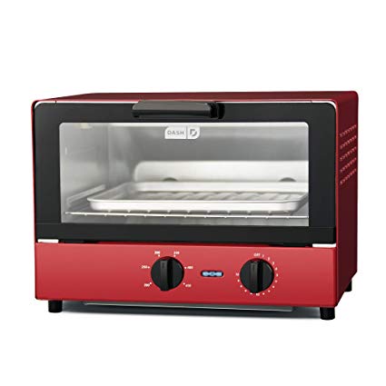 Dash Compact Toaster Oven Cooker for Bread, Bagels, Cookies, Pizza, Paninis & More with Baking Tray, Rack   Auto Shut Off Feature - Red