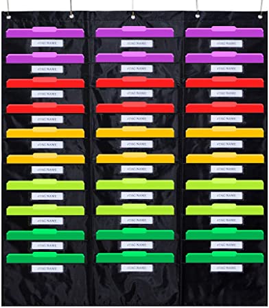 Godery School Pocket Chart, 30 Signatory Pocket, Heavy Duty Hanging File Folders Pocket Chart Cascading Organizer & 5 Hangers Hooks, Perfect for Classroom, School, Office or Home Use