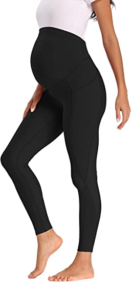 Foucome Maternity Pants for Women, Comfy Stretch Pull-on Workout Leggings with Pockets (Black, Medium)