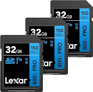 Lexar 32GB (3-Pack) High-Performance 800x PRO SDHC UHS-I Memory Card, C10, U1, V10, 4K UHD Video, Up to 150MB/s Read, for Point-and-Shoot & Mid-Range DSLR Cameras, HD Camcorders (LSD0800P032G-B3NNU)