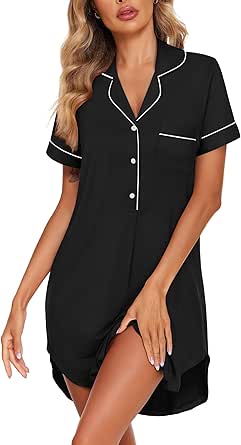 Ekouaer Women's Nightgown Button Down Nightshirt V Neck Sleepshirt Short Sleeve Sleepwear Soft Pajama Dress