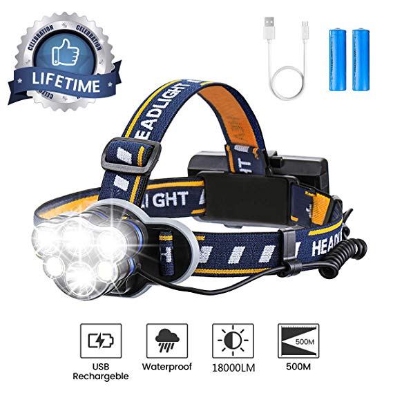 Brightest Headlamp,Super Bright 18000 Lumen 6 LED Work Headlight With Red Warning Lihgt 8 Modes Rechargeable Waterproof Flashlight , HeadLights for Camping Cycling Hunting Fishing Climbing Running Outdoor