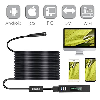 Wifi Endoscope, Slopehill 1200P Wireless Borescope Inspection Camera Rigid Snake IP68 Waterproof 2.0 Megapixel HD with 8 Led for Android and IOS iPhone, Smartphone, Tablet, PC (16.5FT)