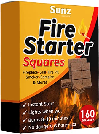 Bangerz Sunz Fire Starter Squares 160, Larger and Safer Fire Starters for Fireplace, Wood Stove & Grill, Camp Fire Pit Charcoal Starters 50B, USA Made