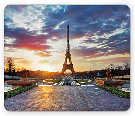 Ambesonne Eiffel Tower Mouse Pad, Parisian Landmark Sunrise with Clouds on Horizon Park Sun Rays, Rectangle Non-Slip Rubber Mousepad, Standard Size, Green Yellow