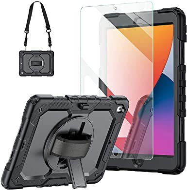New iPad 8th Generation Case 2020 10.2 Inch with Tempered Glass Screen Protector & Pencil Holder | Rugged Protective Kids iPad 7th/8th Gen 10.2 Case Cover 2019 w/Stand Hand Shoulder Strap |Black