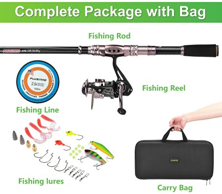 PLUSINNO® Spinning Rod and Reel Combos FULL KIT Telescopic Fishing Rod Pole with Reel Line Lures Hooks Fishing Carrier Bag Case and Accessories Fishing Gear Organizer