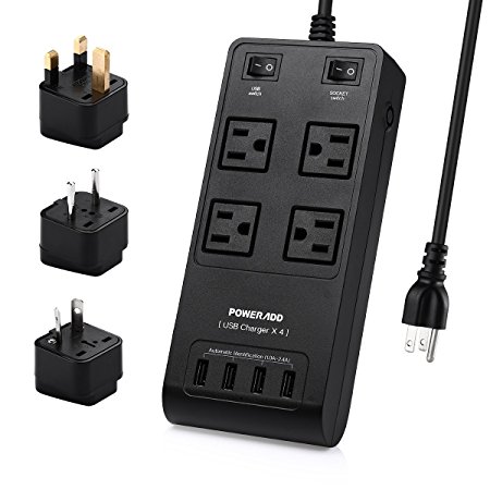 Surge Protector 3500J Poweradd 4-Outlet Universal Power Strip International Travel with Worldwide UK/AU/EU Adapters   4 Smart USB Ports - Black