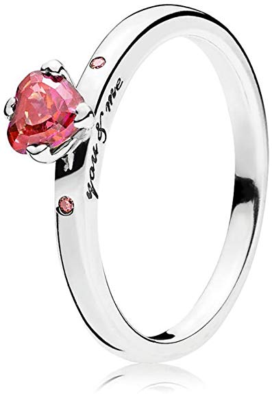 PANDORA Heart Ring, Sterling Silver with 1 Prong-Set Heart-Shaped Red CZ 196574CZRMX-50 EU 5 US