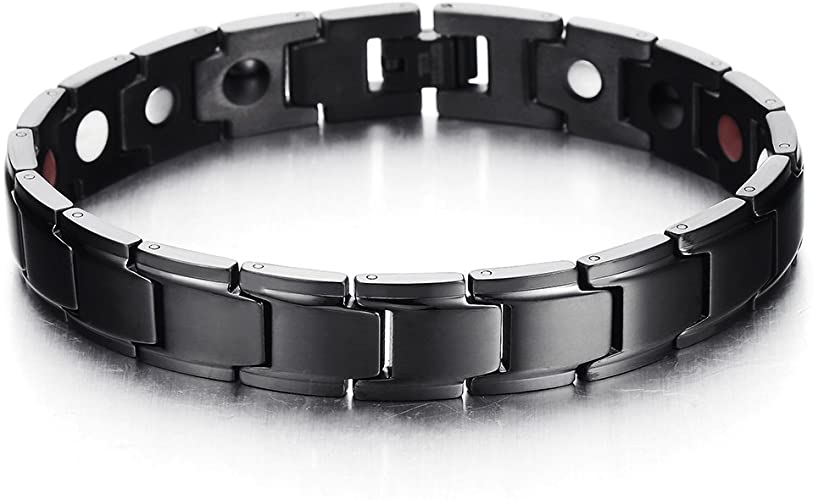 COOLSTEELANDBEYOND Magnetic Stainless Steel Mens Gold Black Power Element Bracelet with Magnets and Free Link Removal Kit