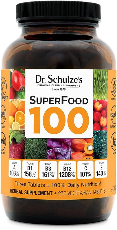 Dr. Schulze's | SuperFood 100 | Vitamin & Mineral Herbal Concentrate | Dietary Supplement | Daily Nutrition & Increased Energy | Gluten-Free & Non-GMO | Vegan & Organic | 270 Tabs | Packaging May Vary