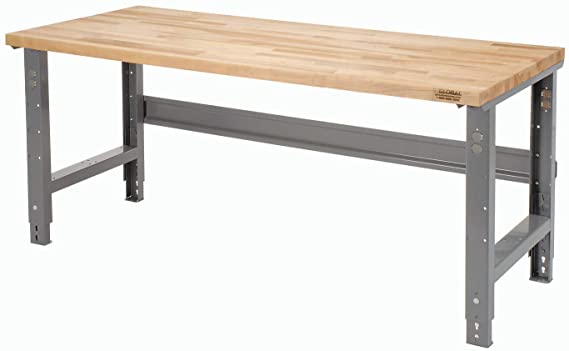 Adjustable Height Workbench, Maple Butcher Block Square Edge, 72"W x 30"D x 29-5/8 to 37-1/4"H, Gray