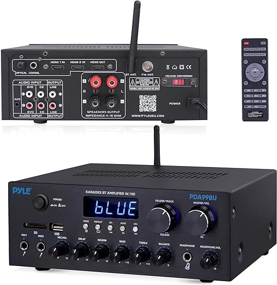 Pyle Bluetooth HD Home Audio Amplifier Receiver Stereo 300W Dual Channel Sound Audio System, MP3, USB, SD, AUX, RCA, MIC, Headphone, FM, LED, Reverb Delay, for Home Theater Speakers, Studio - PDA99BU