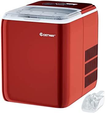 COSTWAY Ice Maker Countertop with Self-cleaning Function, Make 44 Lbs Ice in 24 Hours, Ice Cubes Ready in 8.5 Mins, Ideal for Bar Home and Office, Portable Ice Machine with Ice Scoop and Basket, Red