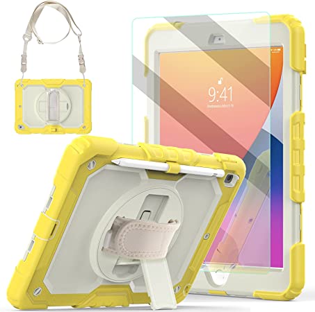 Blosomeet iPad 10.2 Kids Case 9th/8th Generation 2021 2020 with Tempered Glass Screen Protector Pen Holder|Cute Girls Boys iPad 7th Gen Cover Rugged w/Stand Hand Shoulder Strap Llluminating Yellow