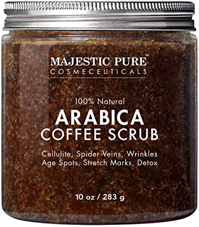 Majestic Pure Arabica Coffee Scrub - All Natural Body Scrub for Skin Care, Stretch Marks, Acne & Cellulite, Reduce the Look of Spider Veins, Eczema, Age Spots & Varicose Veins - 10 Oz