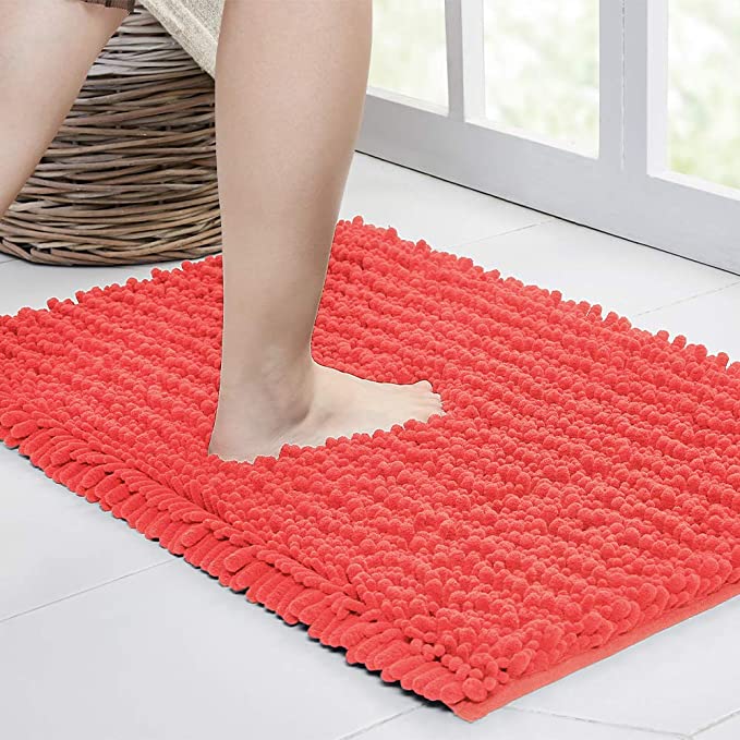 Walensee Bathroom Rug Non Slip Bath Mat (24x36 Inch Coral) Water Absorbent Super Soft Shaggy Chenille Machine Washable Dry Extra Thick Perfect Absorbant Best Large Plush Carpet for Shower Floor