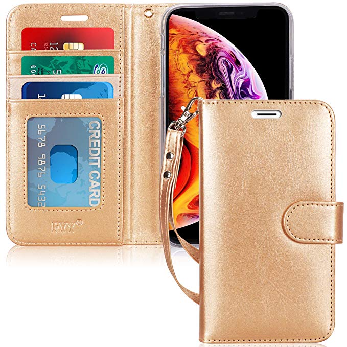 FYY Leather Wallet Case for Apple iPhone Xr (6.1") 2018, [Kickstand Feature] Flip Folio Case with ID Credit Card Pockets, Note Holder, and Wrist Strap for Apple iPhone Xr (6.1") 2018 Gold